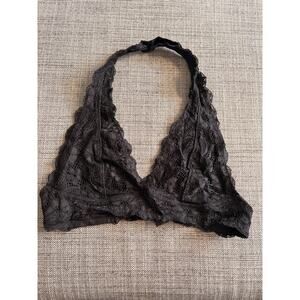 Black Lace Halter Bralette Floral Sheer Scalloped Trim Adjustable Size S